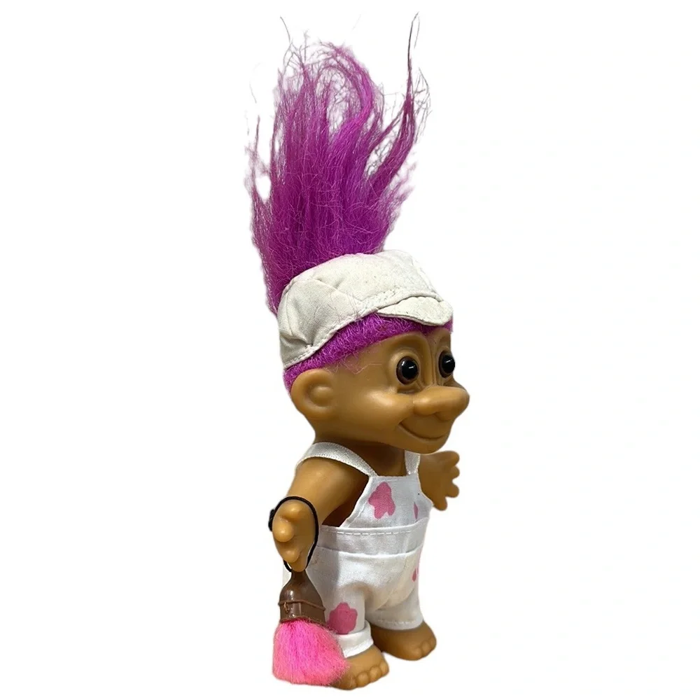Vintage 90s Russ Berrie Painter Troll Doll Overalls Paint Splatter Pink Hair Hat
